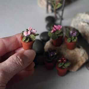 Könnte beinhalten: Eine Sammlung von gehäkelten Miniatur-Topfpflanzen mit rosa, lila und weißen Blüten. Die Pflanzen befinden sich in kleinen braunen Töpfen und sind auf einer felsigen Oberfläche angeordnet.