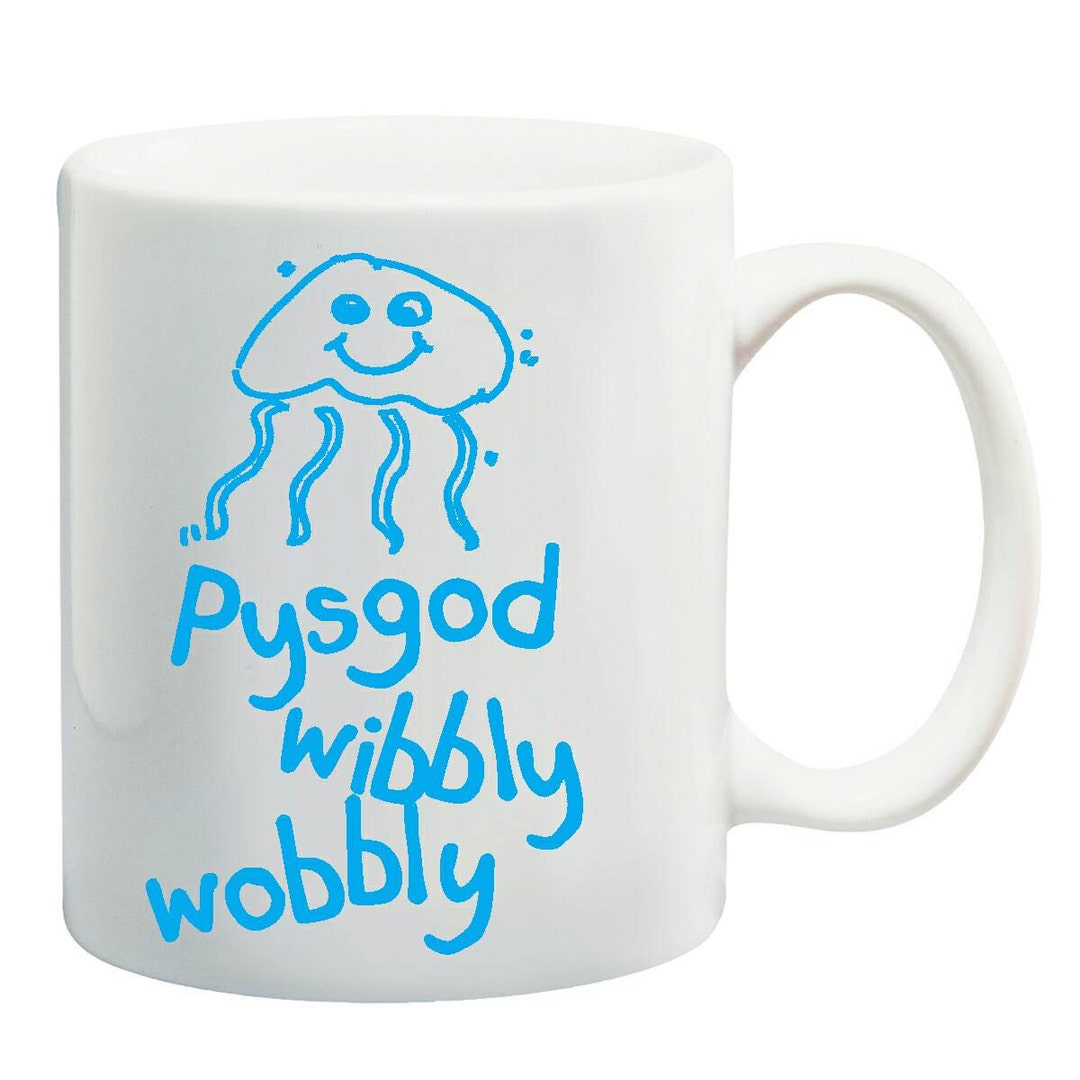 Welsh Jellyfish Mug, Pysgod Wibbly Wobbly, Unique Gift, Printed Mug