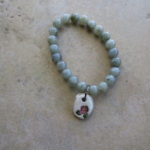 Rose Bud Essential Oil Diffuser Bracelet, Jade Beaded Aromatherapy Wristlet, Kiln-Fired Ceramic