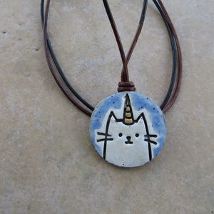 Handmade Caticorn Essential Oil Diffuser Necklace, Cat Unicorn Pendant, Kiln-Fired Ceramic