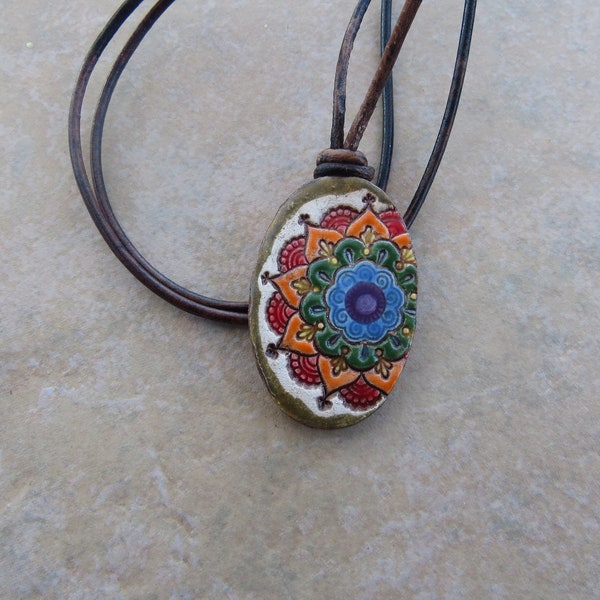Mandala Essential Oil Diffuser Necklace, Rainbow Aromatherapy Jewelry, Kiln-Fired Ceramic