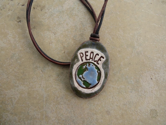 Peace On Earth Essential Oil Diffuser Necklace, Aromatherapy Pendant, Kiln-Fired Ceramic Jewelry