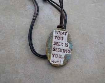 Rumi Quote Ceramic Diffuser Necklace: Khaki Green Aromatherapy Pendant