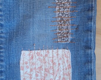 J16 Sz 8 Handsewn Patchwork Boro Embroidered Reworked Jeans Denim