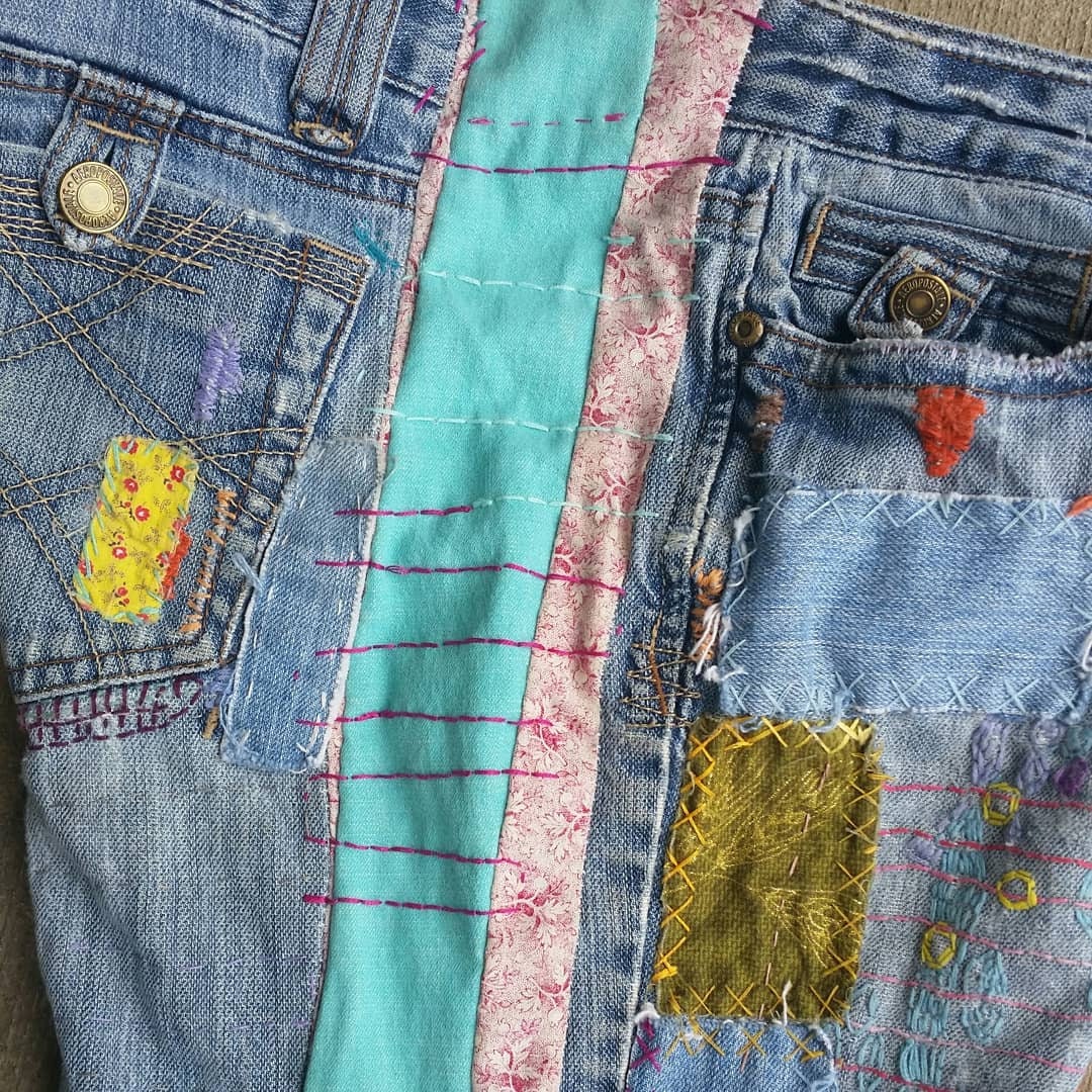 J11 Sz 6 - 8 Boro Patch Jeans Handsewn Sustainable Recycled Short