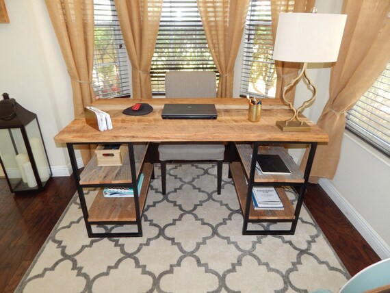 Reclaimed Wood Desk With Metal Base Shelving Etsy