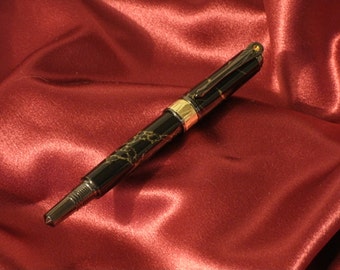 Roller Ball Pen Art Deco with Black Titanium Black and Gold Matrix Body Hand Made by JRH  Woodworking