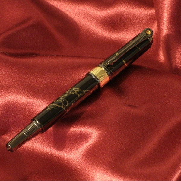 Roller Ball Pen Art Deco with Black Titanium Black and Gold Matrix Body Hand Made by JRH  Woodworking