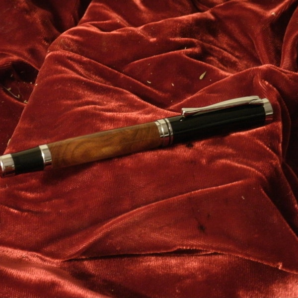 Rollerball Oxford Chrome Pen with Black Cap with Thuya Burl Body Hand Made by JRH Woodworking