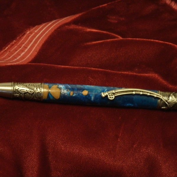 Gel style pen Fly Fishing  Antique Pewter Pen with Pacific Bluegel Body Hand Made by JRH Woodworking