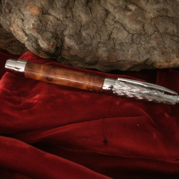 Rollerball Presimo Pen with Etched Chrome Cap with Thuya Burl Body Hand My JRH Woodworking