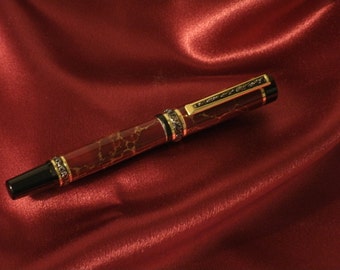 Roller Ball Pen Cambridge with Maroon and Gold Matrix Body with Titanium Gold with Sterling Silvetr Accents Hand Made by JRH Woodworking