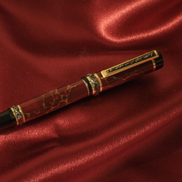 Roller Ball Pen Cambridge with Maroon and Gold Matrix Body with Titanium Gold with Sterling Silvetr Accents Hand Made by JRH Woodworking