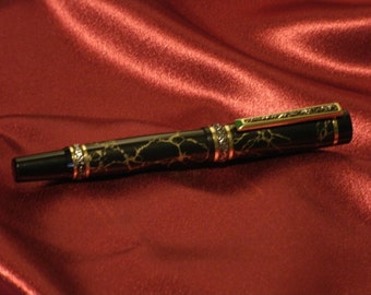 Roller Ball Pen Cambridge  with Black and Gold Matrix Body, Titanium Gold with  Sterling Silvetr  Accents Hand Made by JRH Woodworking