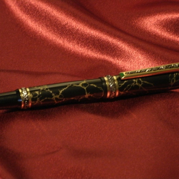 Roller Ball Pen Cambridge  with Black and Gold Matrix Body, Titanium Gold with  Sterling Silvetr  Accents Hand Made by JRH Woodworking