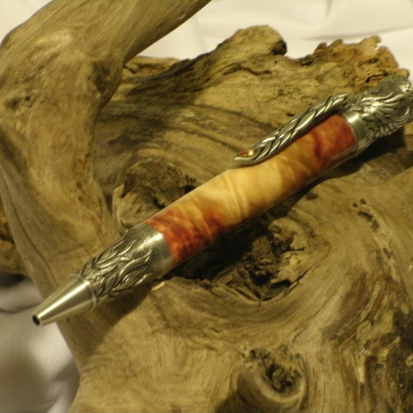Roller Ball Phoenix Rising  Antique  Pewter Pen with Flame Box Elder Burl Body Hand Made by JRH Woodworking