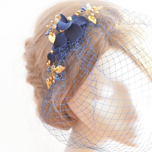 Navy Blue and Gold Birdcage Veil Birdcage Veil Headband Bridal Etsy