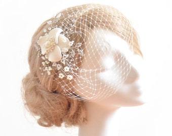 Ivory Birdcage Veil with Beaded Wire Branches | Bridal Veil Mini or Petite | Custom Colors & Base Option