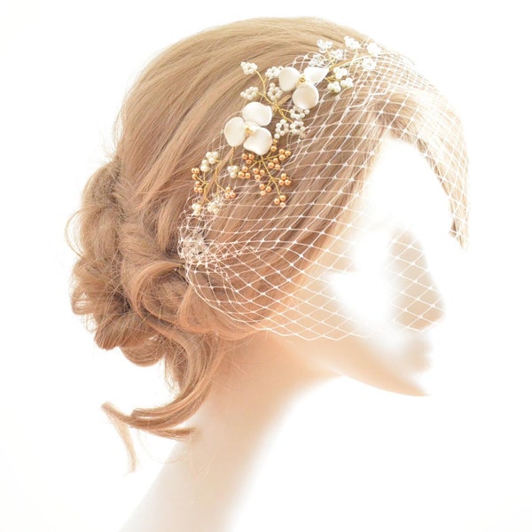 Bandeau birdcage veil with flowers and pearls, Wedding hair decoration, Bridal headband with netting, Wedding hair flowers, Unique hair clip