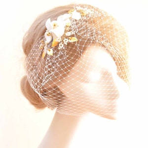 Ivory Birdcage Veil with Handmade Floral Headpiece, Bridal Hair Accessory