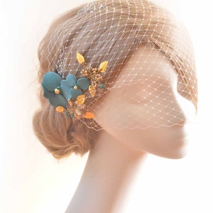 Unique teal green and gold birdcage bandeau veil, Bridal headpiece, Bridesmaids hair accessories, Wedding veil , Bridal flower clip,