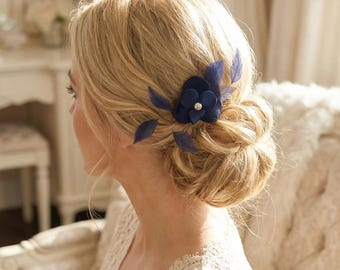 Navy Blue Floral Feather Hair Clip – Handmade Wedding & Evening Hair Accessory
