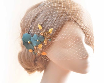 Unique teal green and gold birdcage bandeau veil, Bridal headpiece, Bridesmaids hair accessories, Wedding veil , Bridal flower clip,