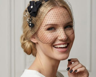 Black Birdcage Veil with Floral Headpiece: Custom Bridal hair decoration