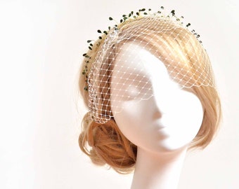 Bandeau birdcage veil headband, Ivory mini veil headband, Bridal hair piece with veil,  White birdcage veil hair piece, Bridal headband,