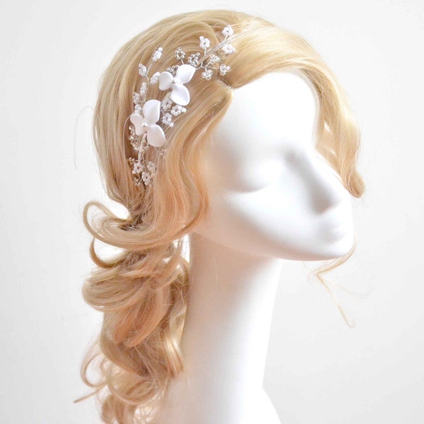 White floral First Communion headband, Bridal hair accessory, Irish dance hair piece,