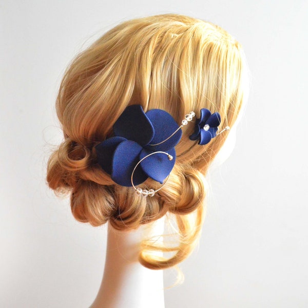 Navy blue orchid mini fascinator clip, Bridesmaid floral hair piece, Bridesmaids gifts