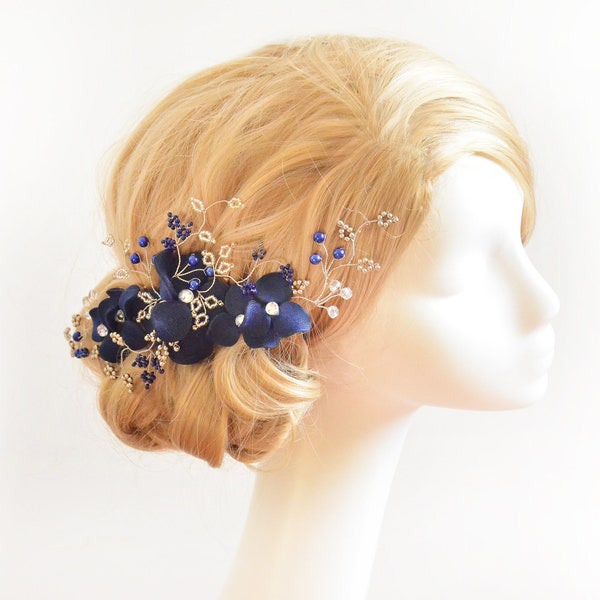 Navy blue decorative flower headpiece, Weddinh vine, Floral vine, Bridesmaids hair piece, Bridal headband, Irish dance accessory