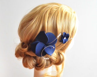 Navy blue orchid mini fascinator clip, Bridesmaid floral hair piece, Bridesmaids gifts