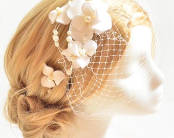 Floral Birdcage Veil with Pearls – Bridal Veil on Headband or Clip, Petite or Mini Size, Custom Colors Available