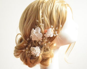 Fleurs pour cheveux de mariée ivoire et rose poudré placées sur des épingles à cheveux, épingles à cheveux de mariage, accessoire pour cheveux de demoiselles d'honneur, décoration de première communion