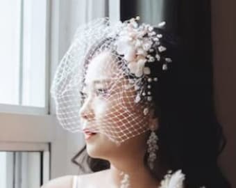 Blush Pink Flower Birdcage Veil: Pearl Wedding Headpiece