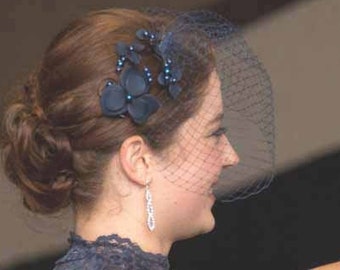 Navy blue birdcage veil with floral fascinator,  Bridal headpiece with netting  , Wedding accessory,