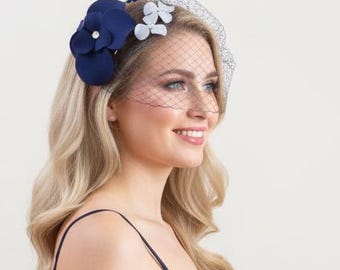 Handmade Navy Blue Sinamay Fascinator Hat With Floral Design & Bead Centerpiece Royal Blue Floral Fascinator: Derby Race, Bridal, Church Hat  main image 4
