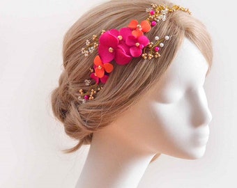 Fuchsia and orange hair band, Irish dancing headband, Fuchsia head piece, Navy blue headpiece, Bridal headband, Pearl headpiece