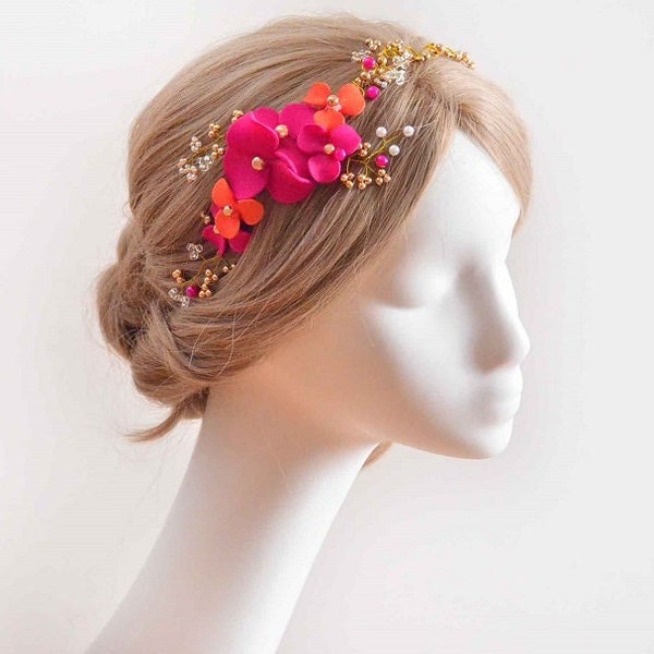 Decorative fuchsia and orange headband, Fuchsia and orange hair band, Irish dancing headband, Fuchsia head piece, Navy blue headpiece,