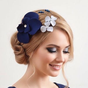 Elegant Navy Blue Statement Fascinator with Handmade Flowers and Leaves – Custom Colors Available