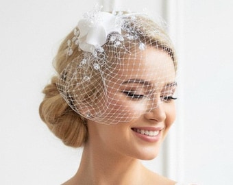 Ivory Birdcage Veil with Silver or Gold Details – Elegant Handmade Bridal Headpiece