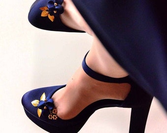 Navy blue and gold floral shoe clips, Bridal or bridesmaids accessories, Flower girl shoes