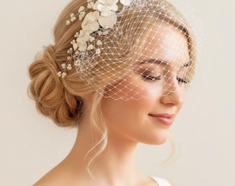 Ivory and Blush Pink Floral Birdcage Bandeau Veil, Petite or Mini Length, Custom Shade and Fastening