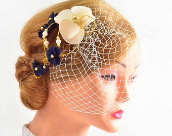 Ivory nad navy blue orchid veil with fascinator, Birdcage netting, Unique bridal accessories