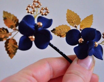 Navy blue and gold flower clips, Navy blue and gold hair pins, Navy and gold hair jewelry, Navy blue hair accesoories, Bridal hair pins,