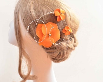 Orange and gold unique fascinator with flowers decorated with beads, Modern hair clip, Bridesmaids gifts