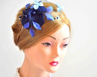 Navy blue and pale blue fascinator headband, Wedding hair decoration with flowers and feathers, Modern headband