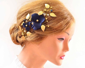 Navy blue and gold headpiece, Irish dance hair clip, Bridesmaids accessories, something blue, Wedding