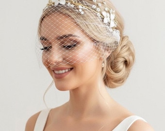 Birdcage Bandeau Veil & Floral Headband Set – Ivory Gold Bridal Hair Piece with Pearls, Detachable Veil,  Wedding Accessory